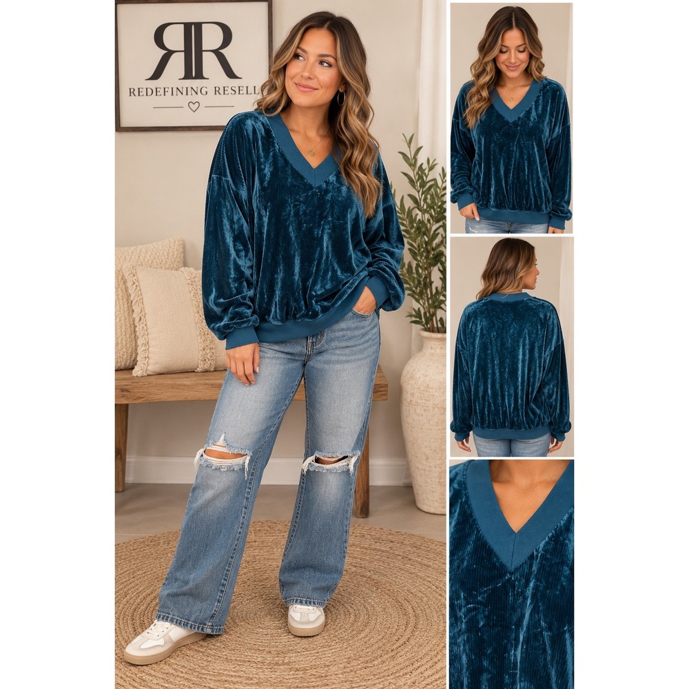 Christian Dior Monsieur Vintage Teal Ribbed Crushed Velvet V-Neck Pullover L